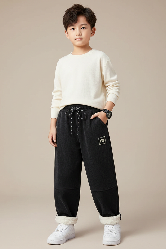 Pantalon Noir Côtelé Doublé Chaud Garçon Hiver - Cordé