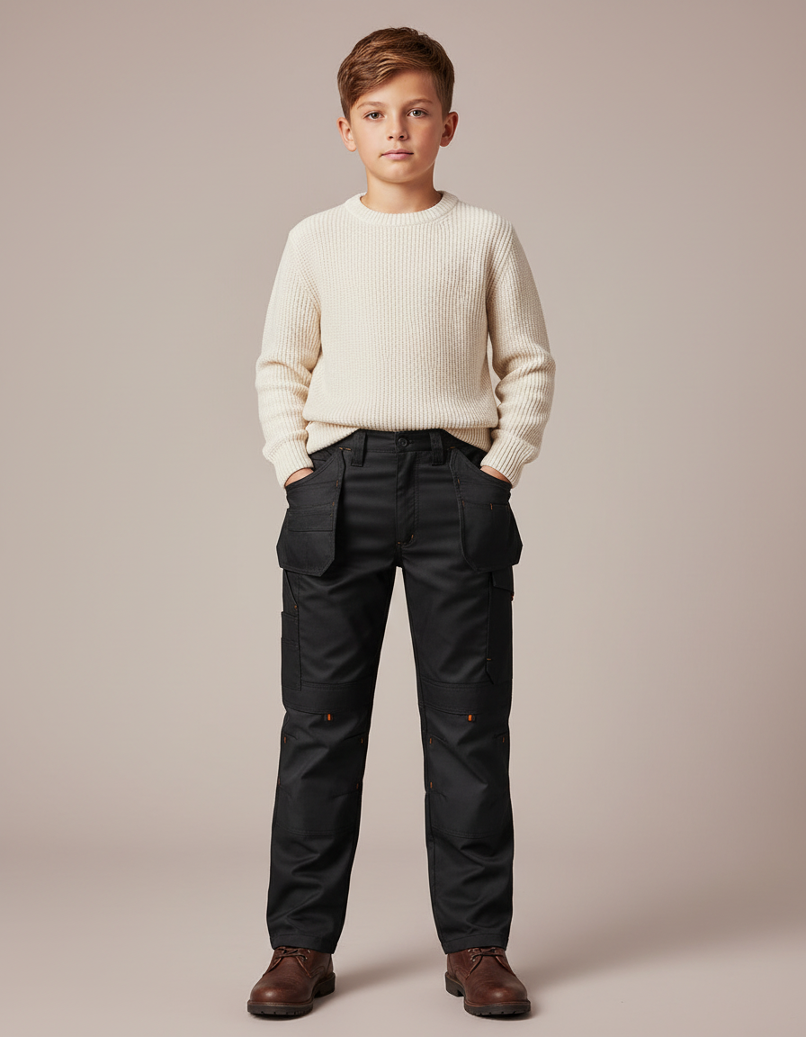 Pantalon Noir Cargo Robuste Enfant Multi-poches - Toile