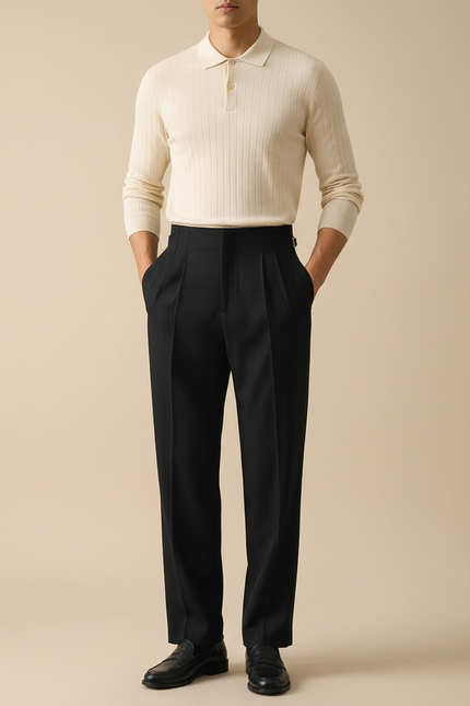 Pantalon Noir Plissé Taille Haute Élégant Droit - Gabardine