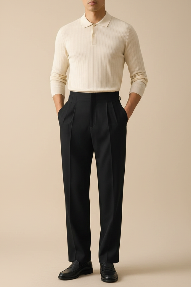 Pantalon Noir Plissé Taille Haute Élégant Droit - Gabardine