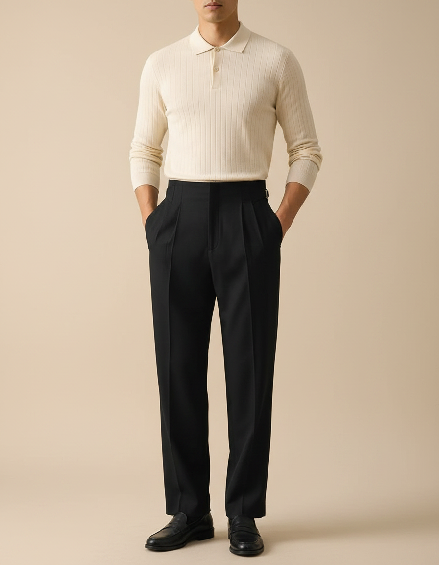 Pantalon Noir Plissé Taille Haute Élégant Droit - Gabardine