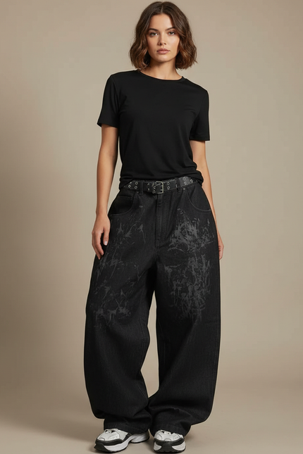 Pantalon Noir Baggy Denim Imprimé Large Décontracté - Jean