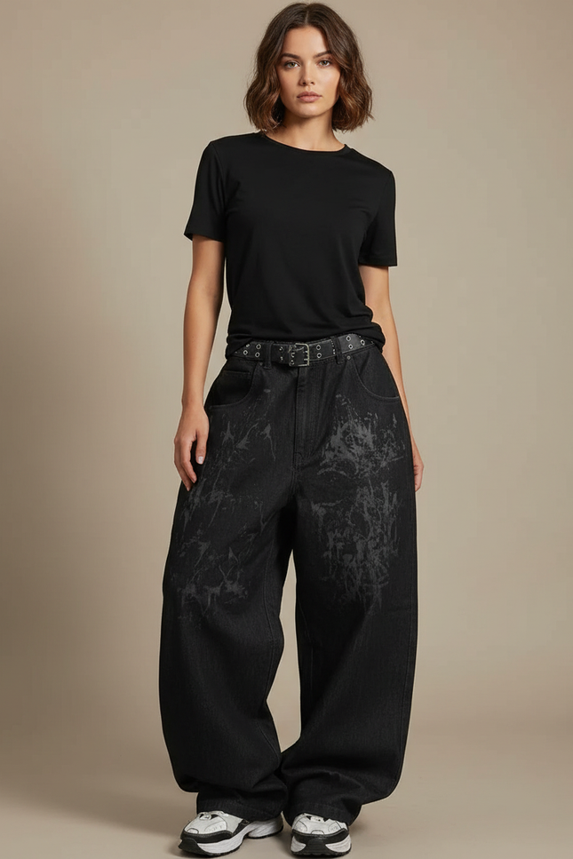 Pantalon Noir Baggy Denim Imprimé Large Décontracté - Jean