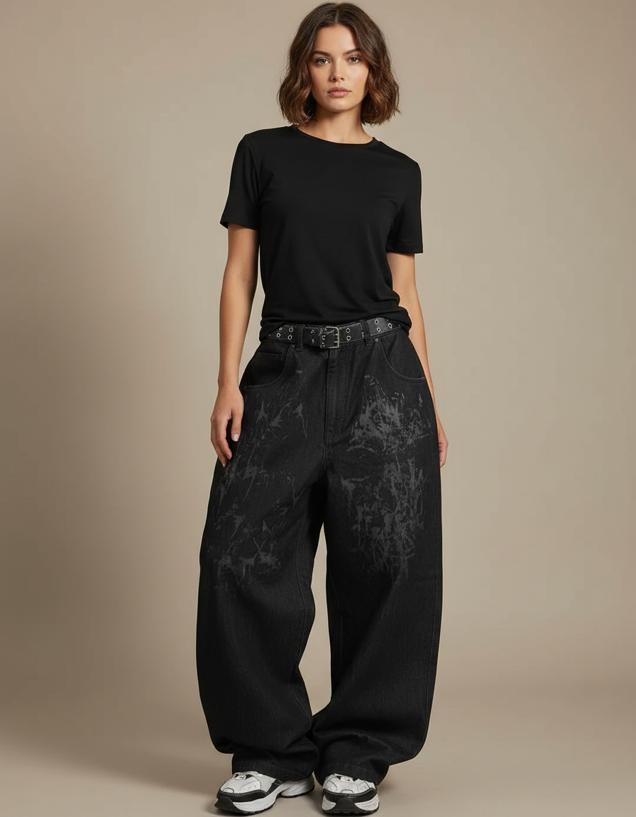 Pantalon Noir Baggy Denim Imprimé Large Décontracté - Jean