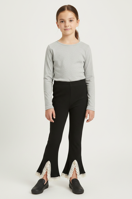 Pantalon Noir Évasé Côtelé Dentelle Crème Fille - Maille