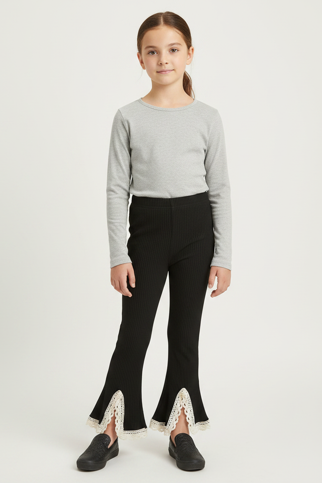Pantalon Noir Évasé Côtelé Dentelle Crème Fille - Maille
