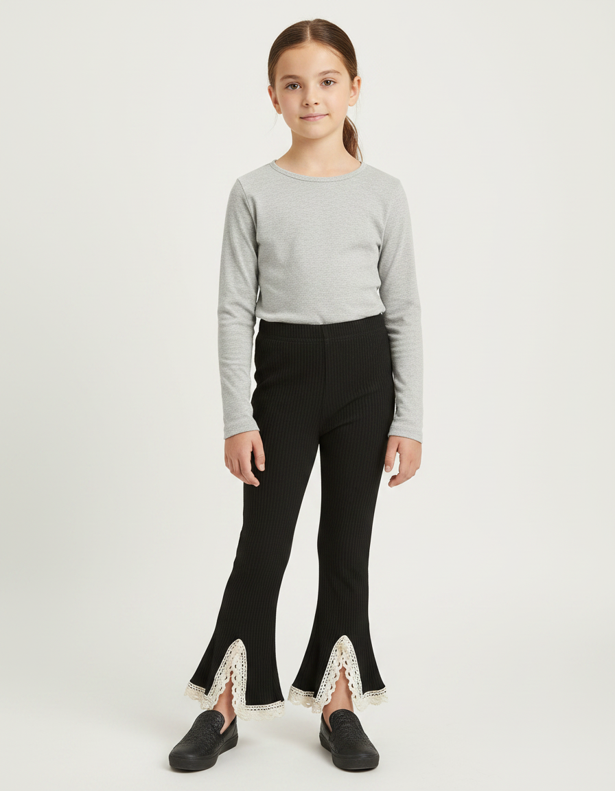 Pantalon Noir Évasé Côtelé Dentelle Crème Fille - Maille