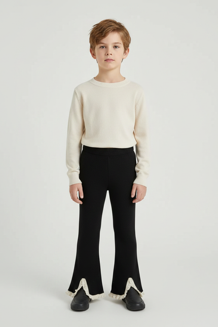 Pantalon Noir Évasé Dentelle Crème Tricoté Fille - Maille