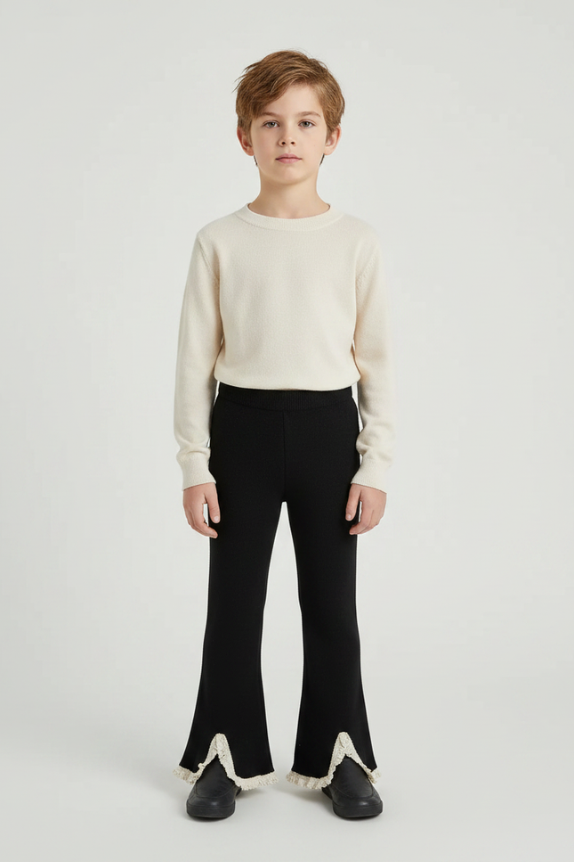 Pantalon Noir Évasé Dentelle Crème Tricoté Fille - Maille