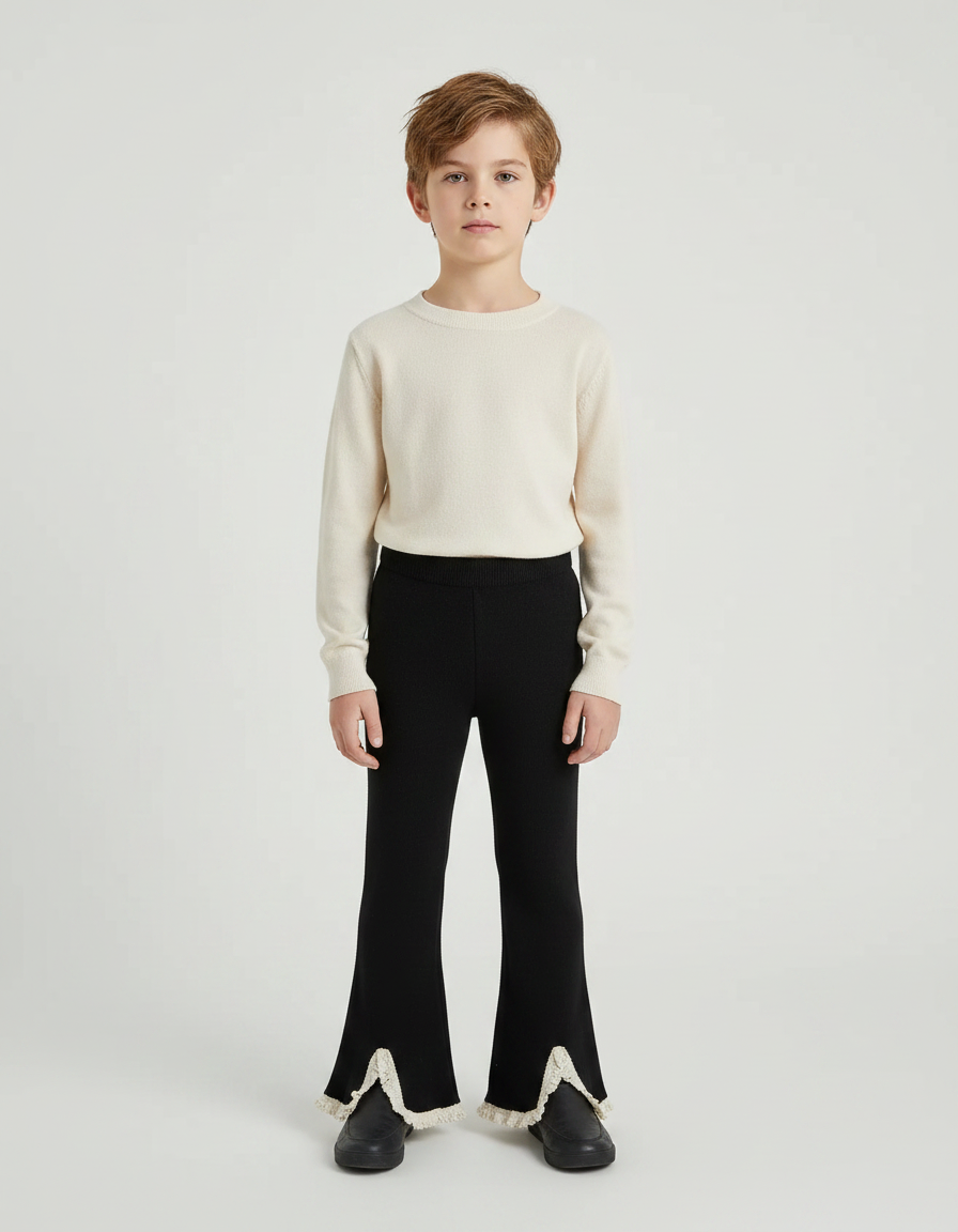 Pantalon Noir Évasé Dentelle Crème Tricoté Fille - Maille