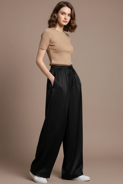Pantalon Noir Fluide Satin Ample Taille Haute