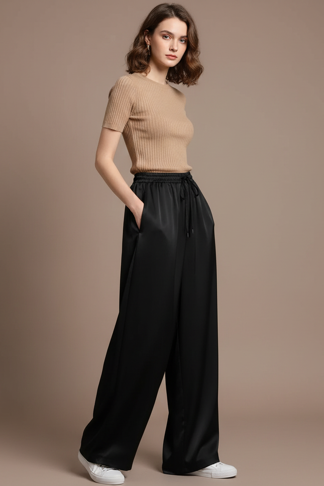 Pantalon Noir Fluide Satin Ample Taille Haute