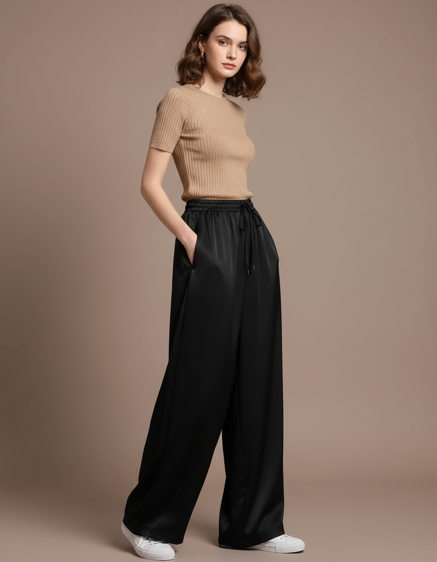 Pantalon Noir Fluide Satin Ample Taille Haute