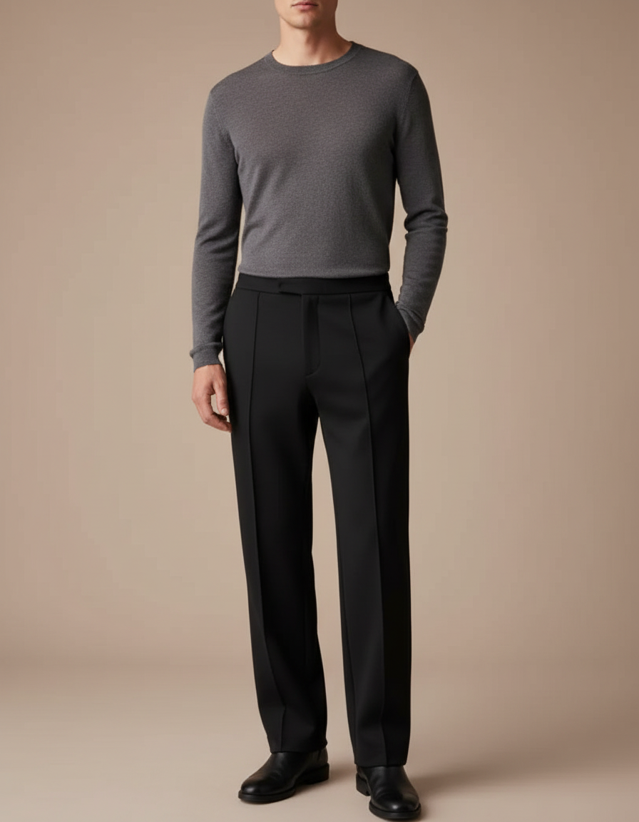Pantalon Noir Droit Élégant Plissé Homme - Gabardine