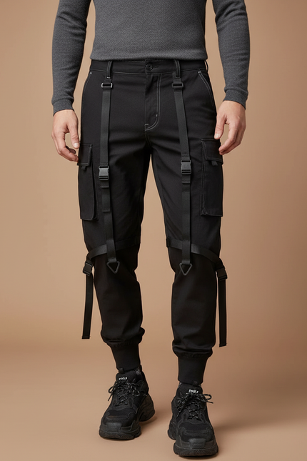 Pantalon Noir Cargo Homme Sangles Décontracté Streetwear - Toile