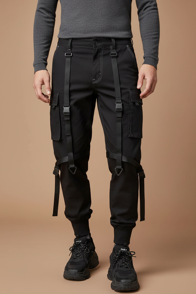 Pantalon Noir Cargo Homme Sangles Décontracté Streetwear - Toile