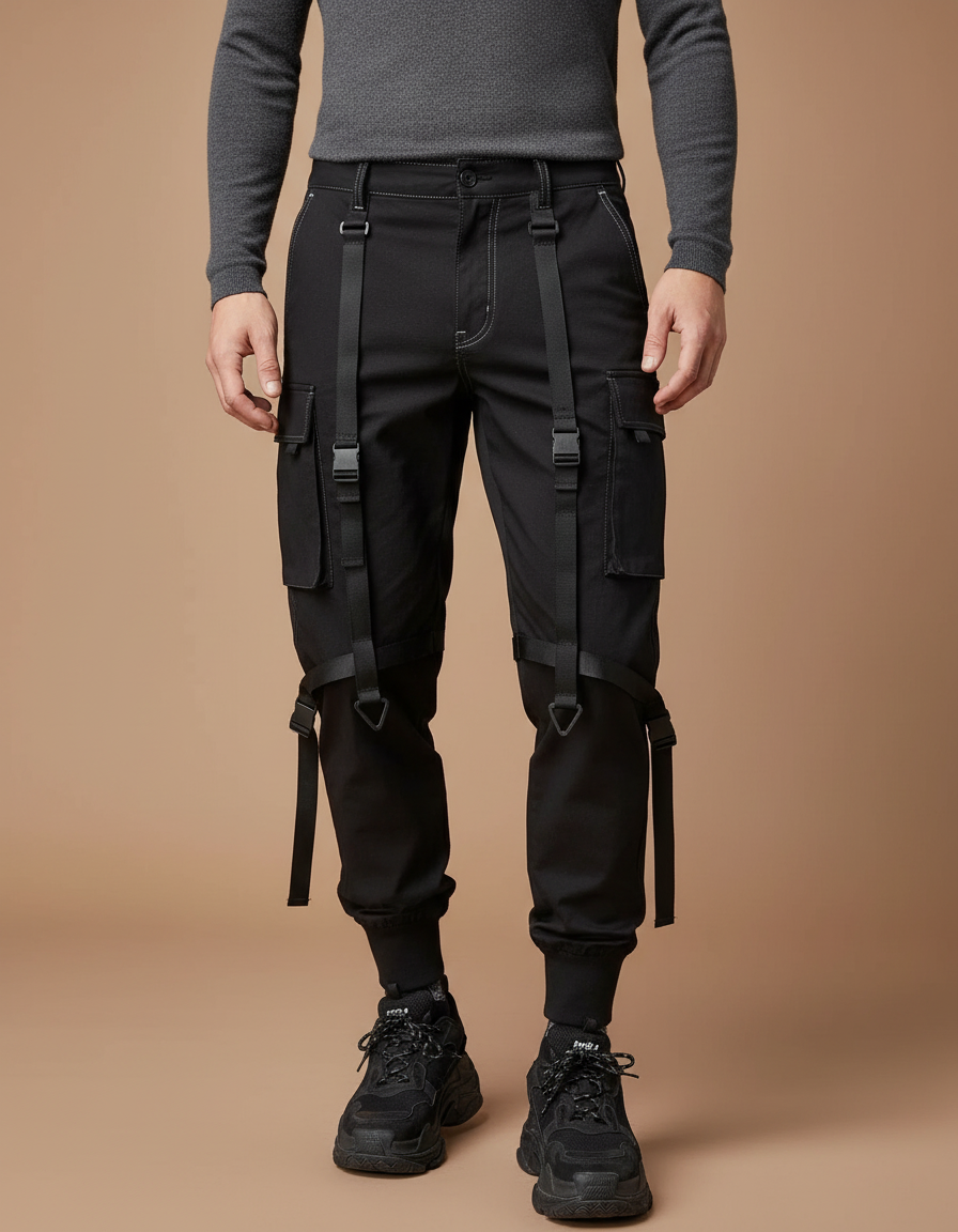 Pantalon Noir Cargo Homme Sangles Décontracté Streetwear - Toile