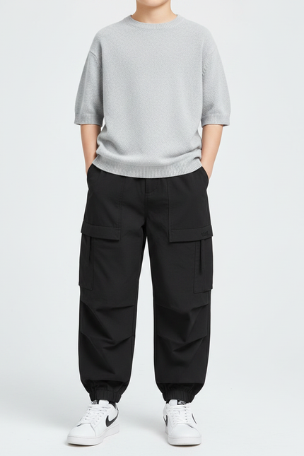 Pantalon Noir Cargo Ample Décontracté Garçon - Polyester