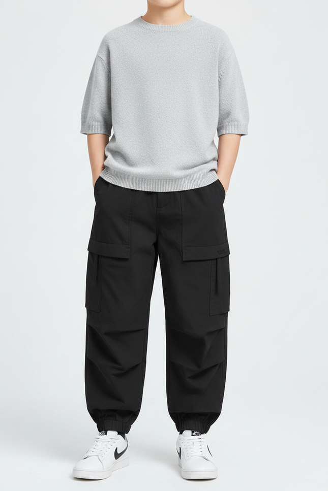 Pantalon Noir Cargo Ample Décontracté Garçon - Polyester