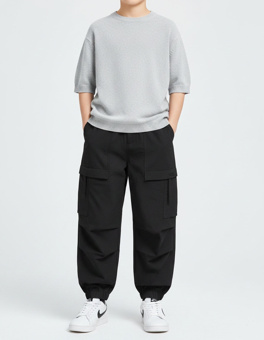 Pantalon Noir Cargo Ample Décontracté Garçon - Polyester