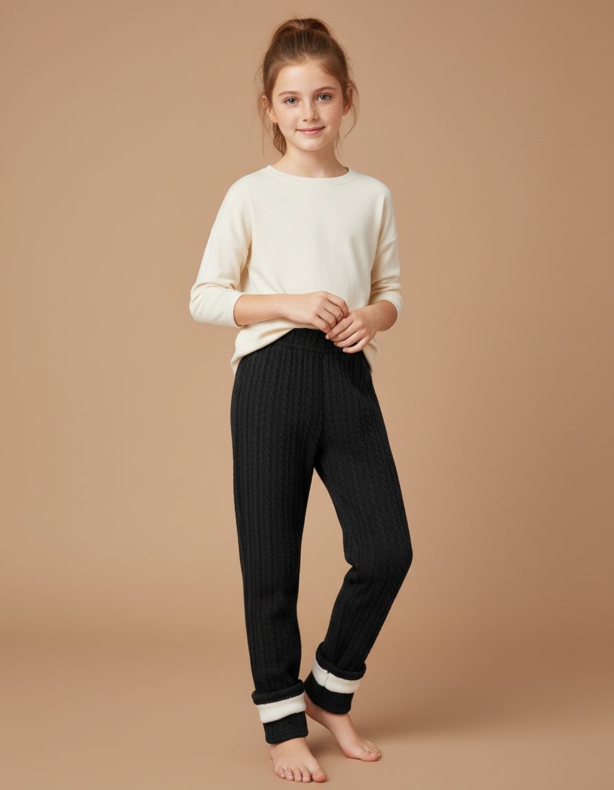 Pantalon Noir Torsadé Molletonné Doublé Chaud Enfant - Maille