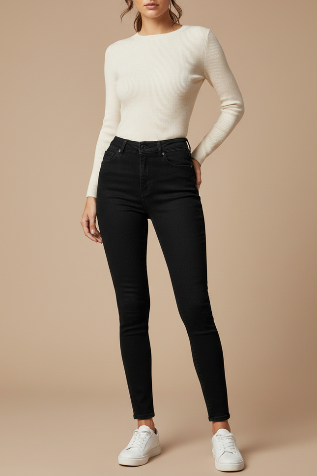 Pantalon Noir Slim Denim Taille Haute Femme - Jean