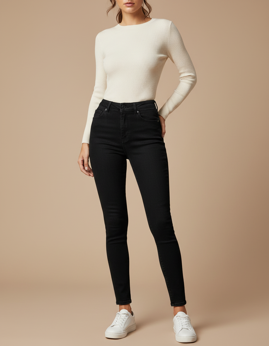Pantalon Noir Slim Denim Taille Haute Femme - Jean