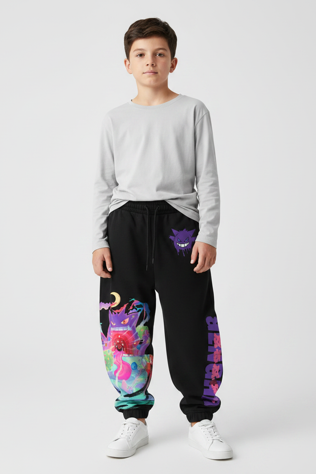 Pantalon Noir Gengar Décontracté Ample Coton Imprimé Coloré - Molleton