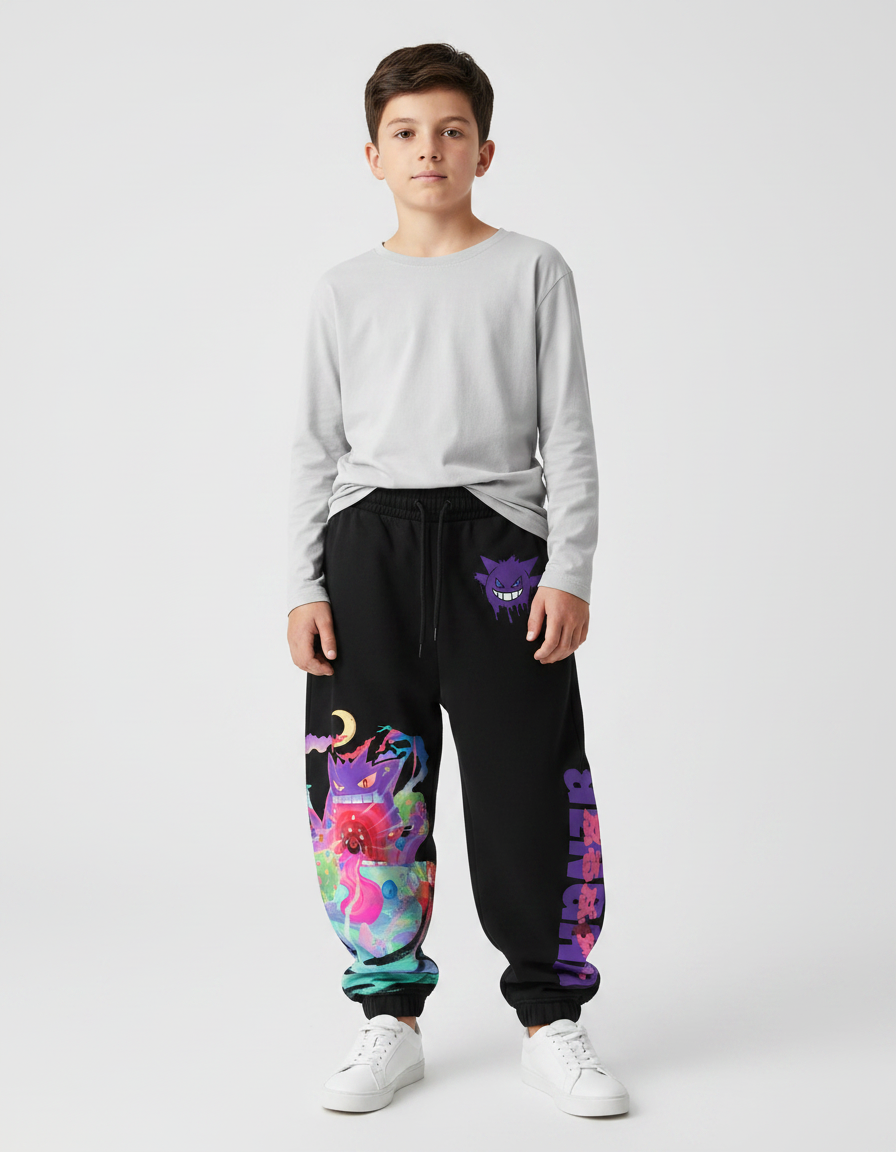 Pantalon Noir Gengar Décontracté Ample Coton Imprimé Coloré - Molleton