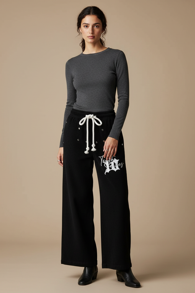 Pantalon Noir Large Décontracté Imprimé Cordon - Molleton