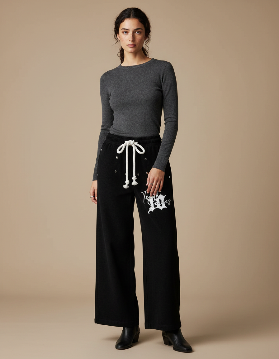 Pantalon Noir Large Décontracté Imprimé Cordon - Molleton