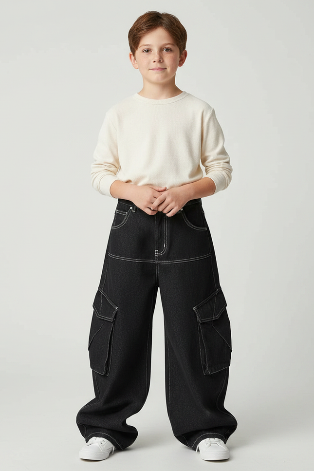 Pantalon Noir Denim Ample Cargo Garçon Décontracté - Jean