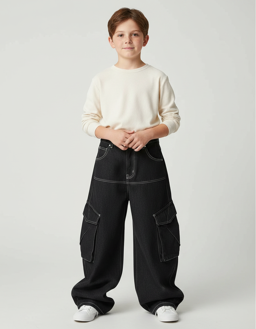 Pantalon Noir Denim Ample Cargo Garçon Décontracté - Jean
