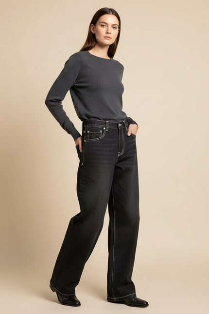 Pantalon Noir Large Denim Coutures Blanches Femme - Jean