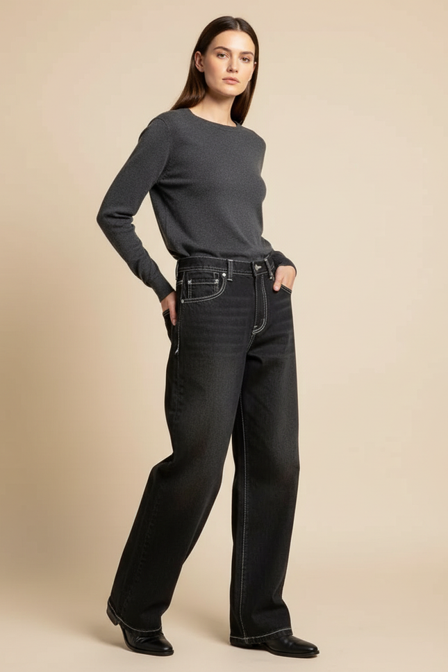 Pantalon Noir Large Denim Coutures Blanches Femme - Jean