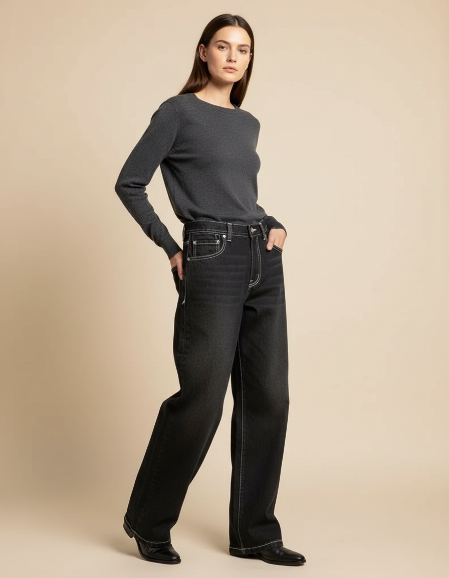 Pantalon Noir Large Denim Coutures Blanches Femme - Jean