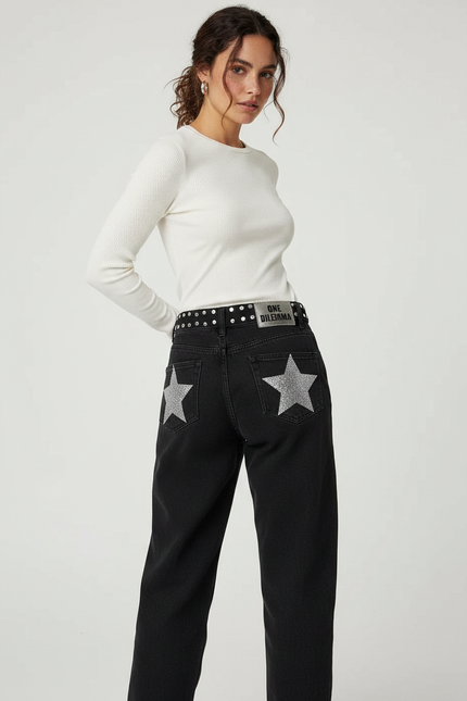 Pantalon Noir Large Étoiles Paillettes Taille Haute Femme - Jean
