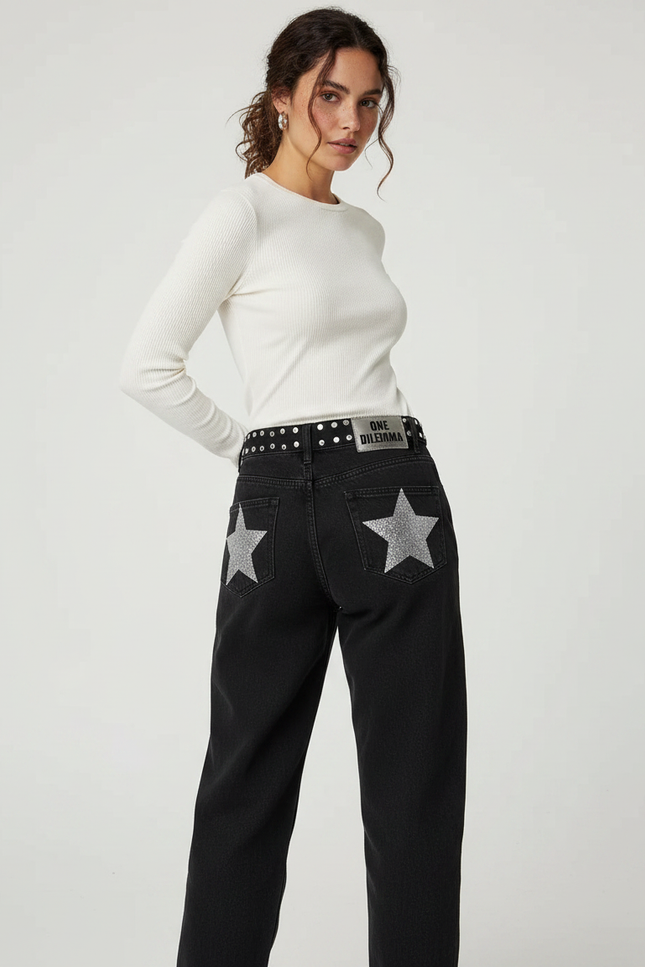Pantalon Noir Large Étoiles Paillettes Taille Haute Femme - Jean