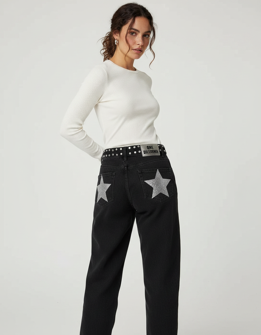 Pantalon Noir Large Étoiles Paillettes Taille Haute Femme - Jean