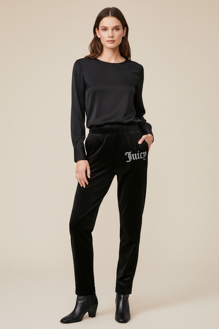 Pantalon Noir Velours Logo Confortable Femme Élégant