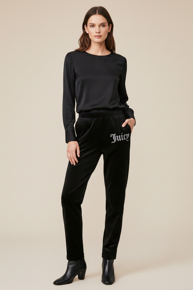 Pantalon Noir Velours Logo Confortable Femme Élégant