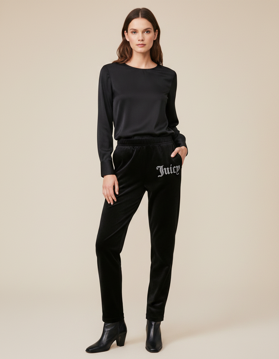Pantalon Noir Velours Logo Confortable Femme Élégant