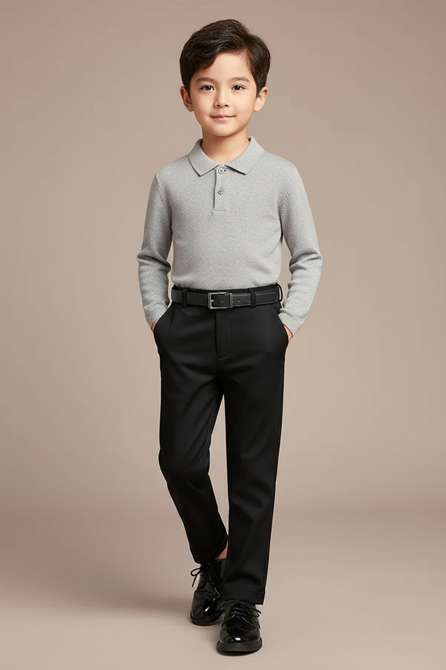 Pantalon Noir Élégant Garçon Droit Classique Ceinturé - Gabardine