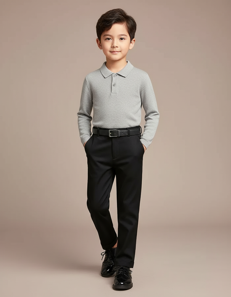 Pantalon Noir Élégant Garçon Droit Classique Ceinturé - Gabardine