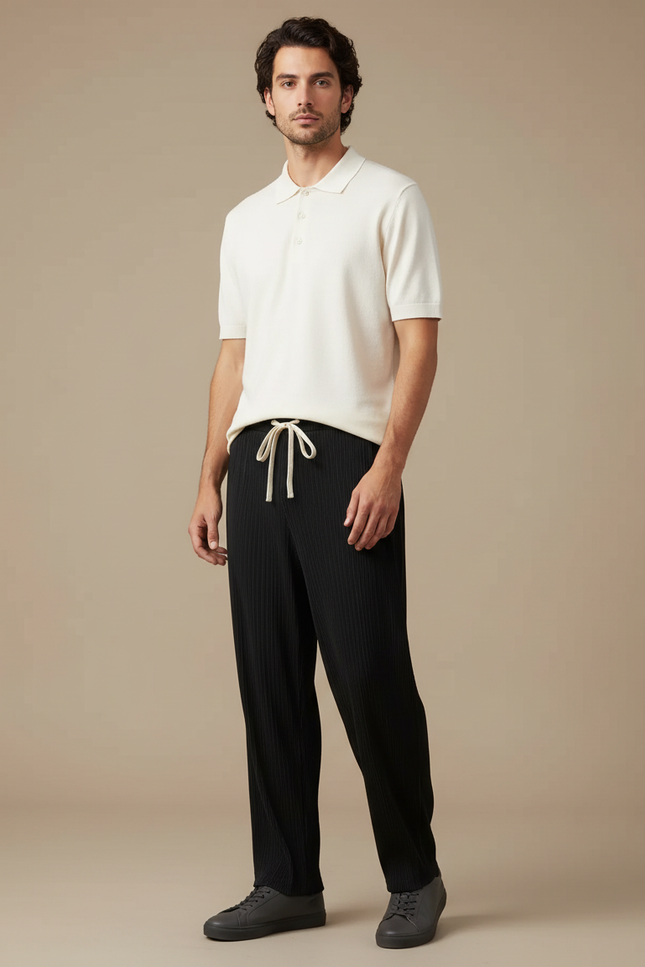 Pantalon Noir Plissé Ample Décontracté Cordon Homme - Cordé
