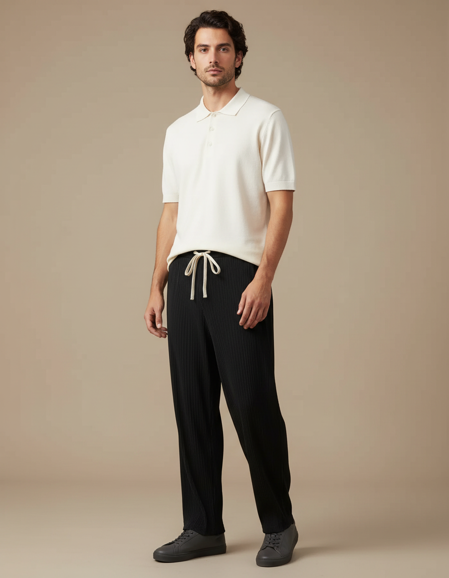 Pantalon Noir Plissé Ample Décontracté Cordon Homme - Cordé