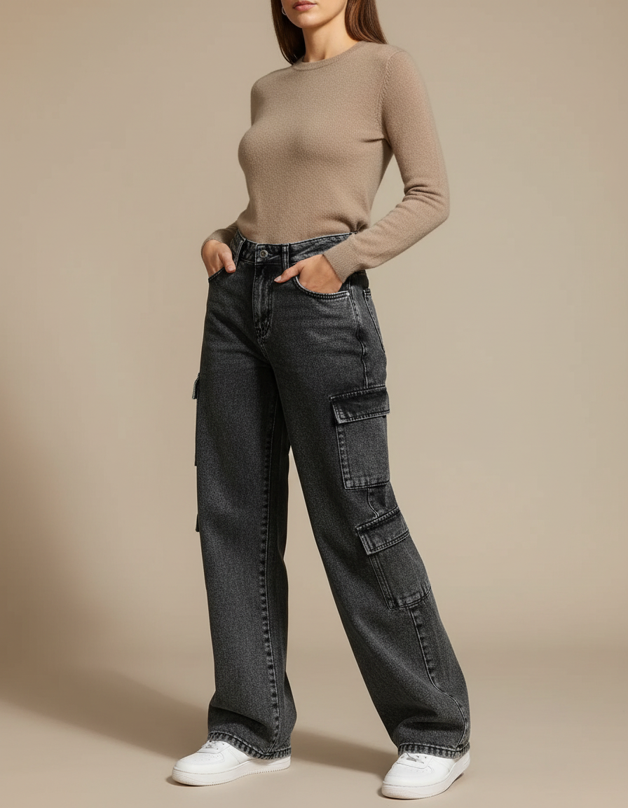 Pantalon Cargo Noir Femme - Gris Jean