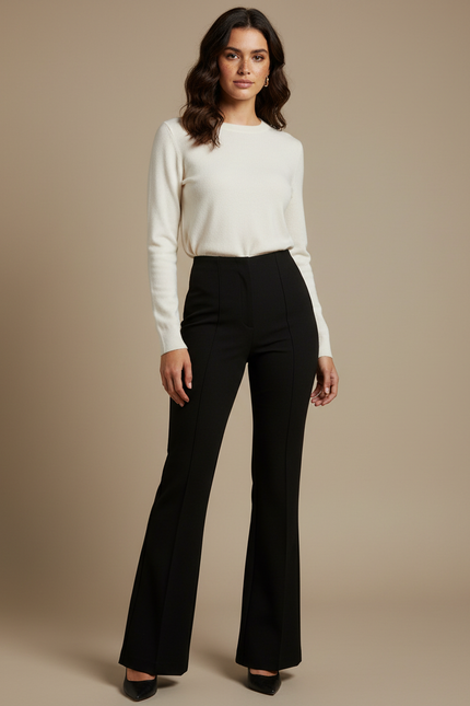 Pantalon Noir Évasé Taille Haute Élégant Côtelé - Maille