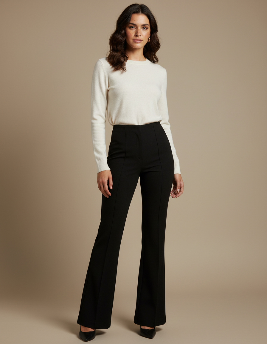 Pantalon Noir Évasé Taille Haute Élégant Côtelé - Maille