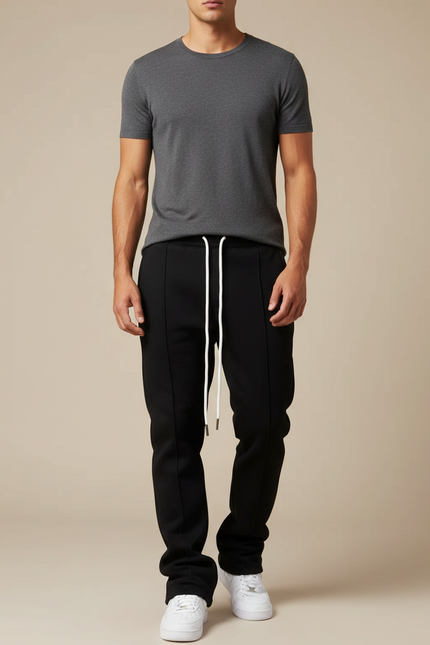 Pantalon Noir Coupe Droite Couture Apparente Décontracté Homme - Molleton